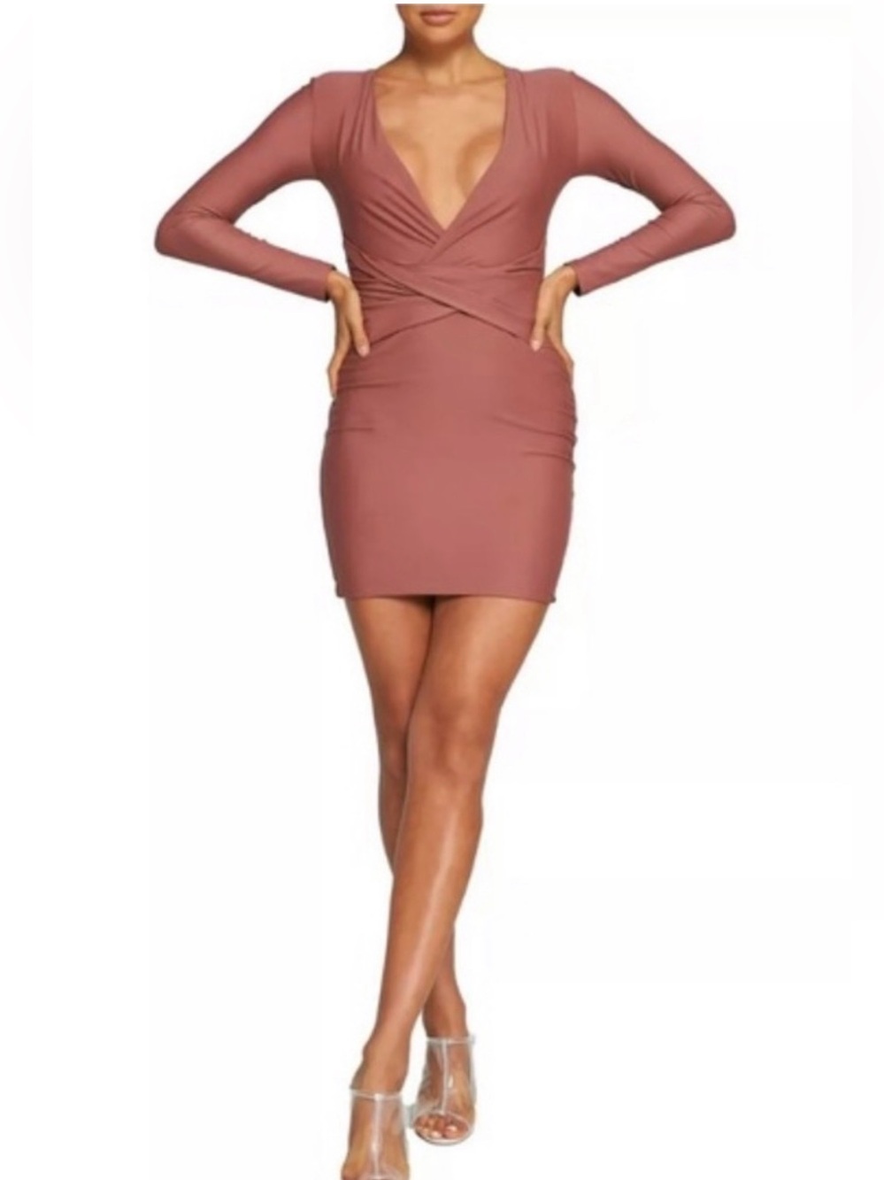 Tiger Mist Over & Under Twist Mini Dress Rose Pink Long Sleeve NWT XS